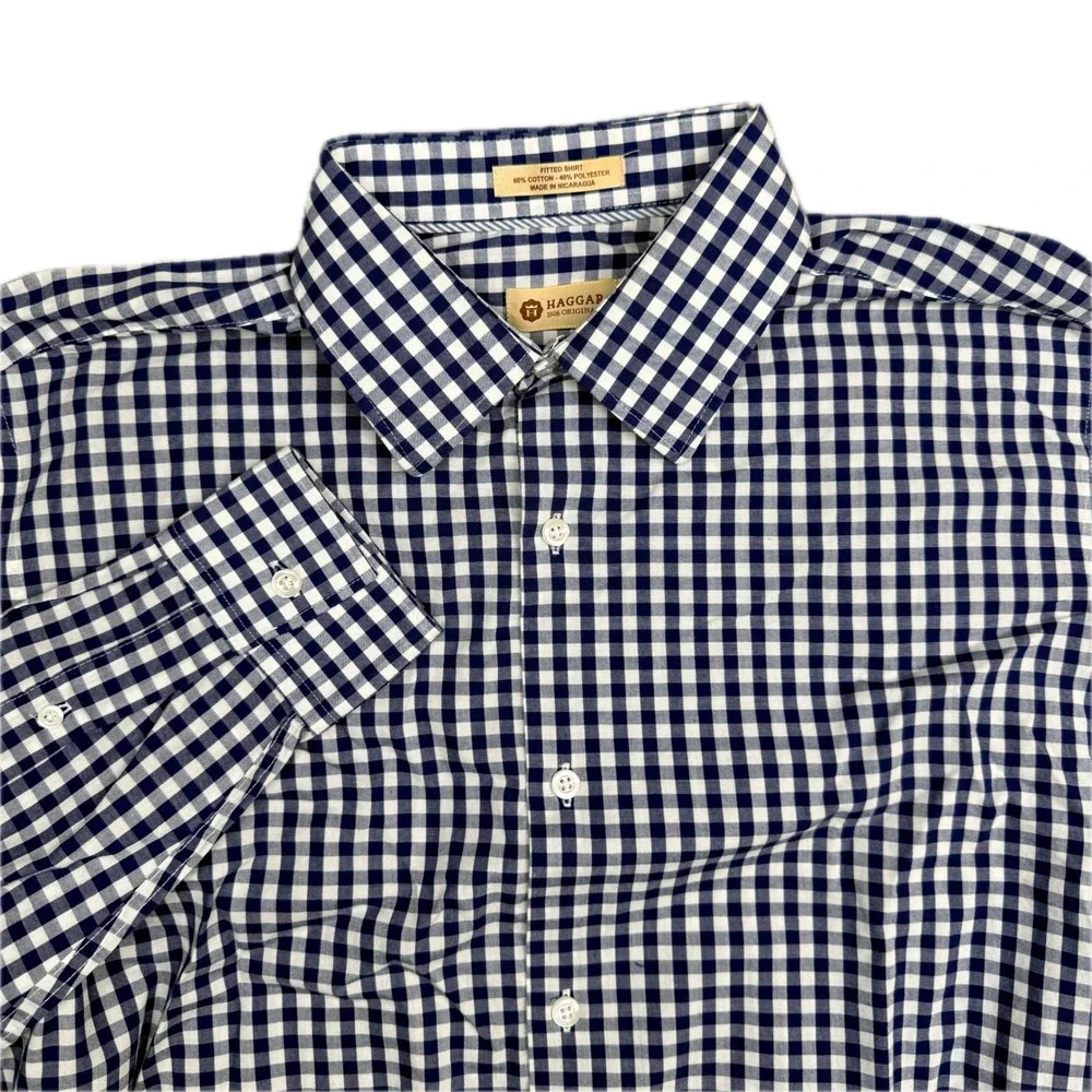 Haggar Men's Button Up Dress Shirt Blue Checkered Collar Size 16 - 34/35 Gangham